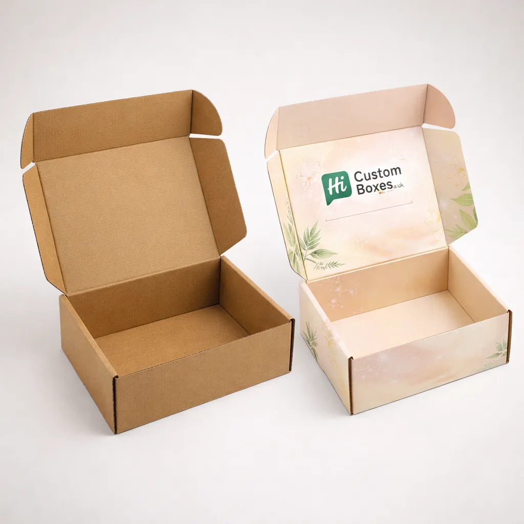 Two open cardboard mailer boxes, one natural brown and one with light pink floral branding. class=